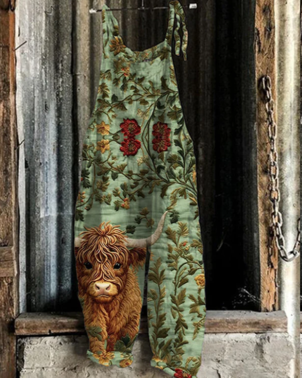 Alora - Highland Cow Floral Embroidery Pattern Jumpsuit