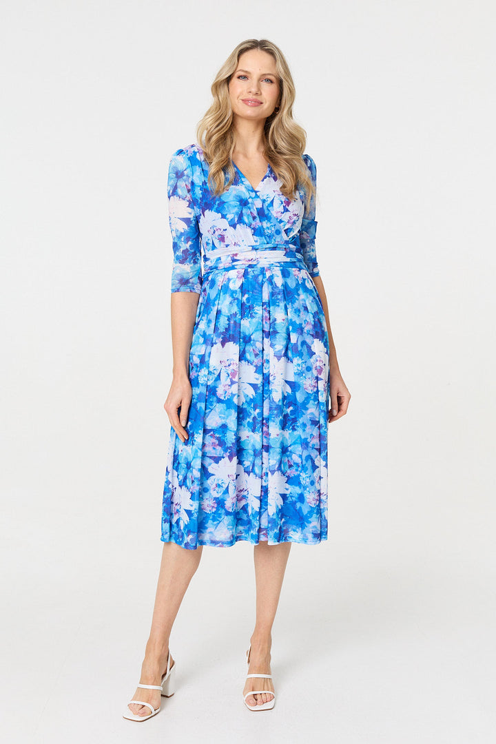 Aria - Floral Mesh Pleated Faux Wrap Midi Dress