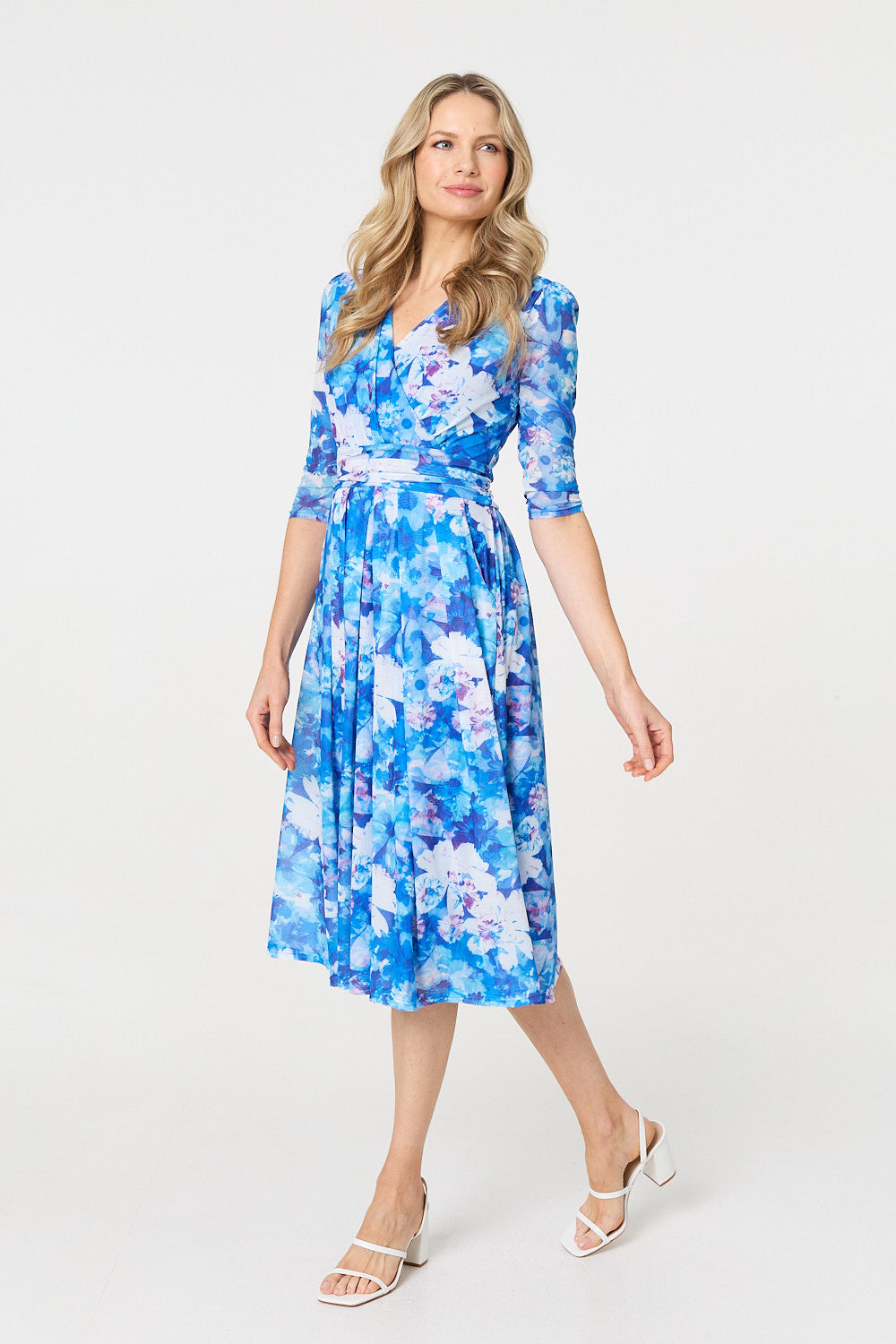 Aria - Floral Mesh Pleated Faux Wrap Midi Dress