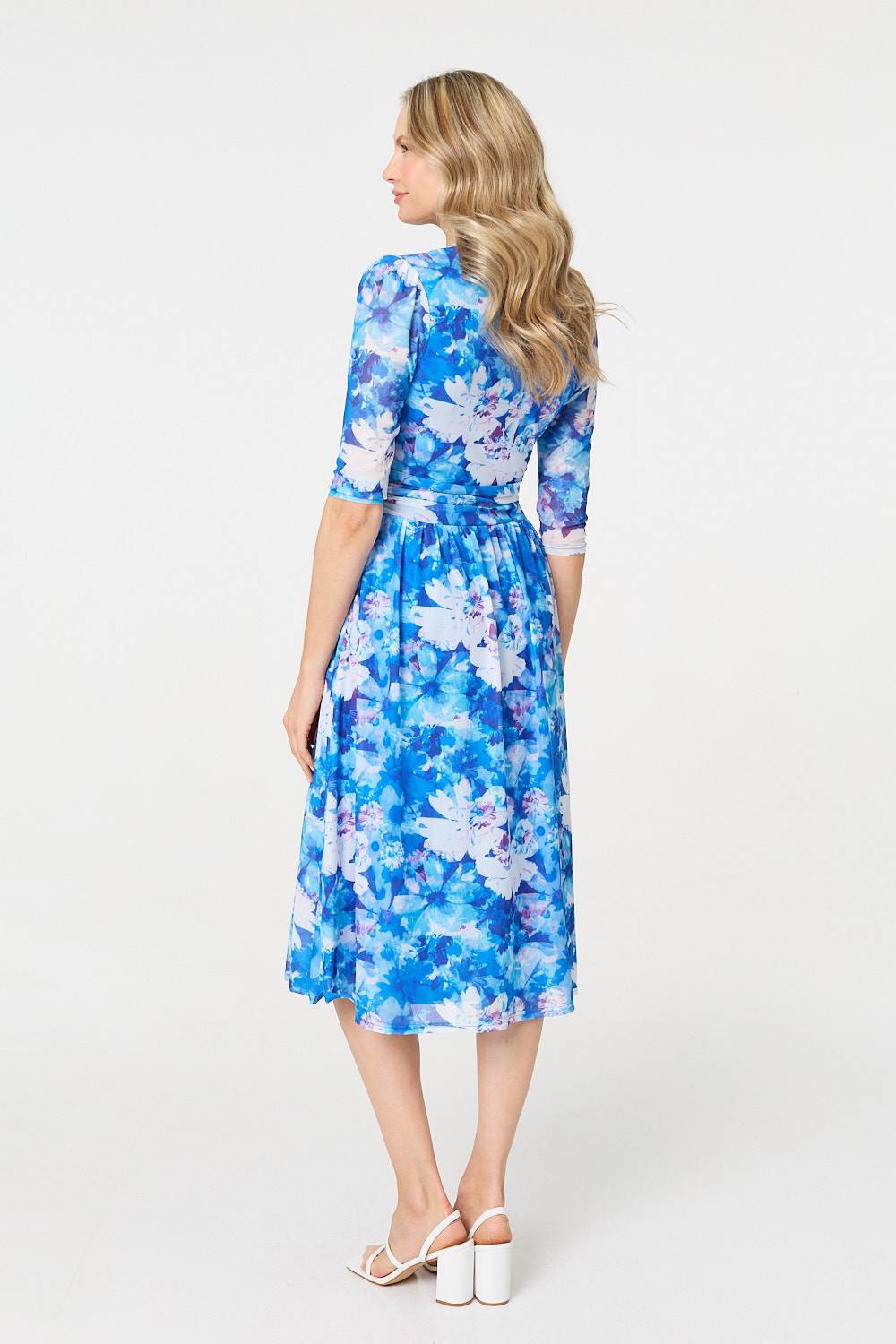 Aria - Floral Mesh Pleated Faux Wrap Midi Dress