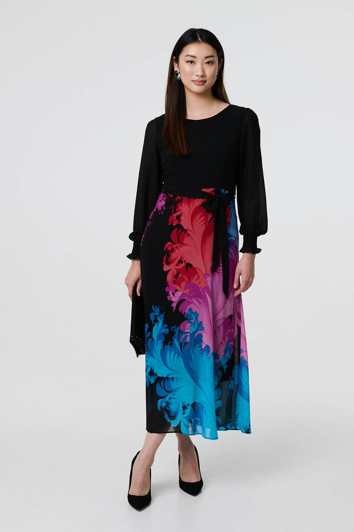Floral - Contrast Print Tie Waist Midi Dress