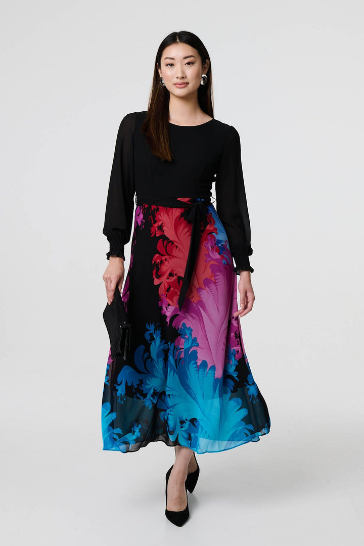 Floral - Contrast Print Tie Waist Midi Dress