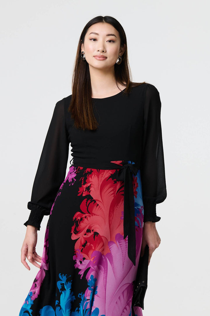 Floral - Contrast Print Tie Waist Midi Dress
