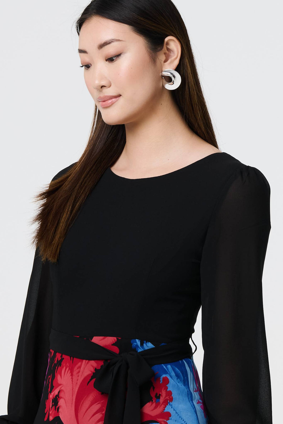 Floral - Contrast Print Tie Waist Midi Dress