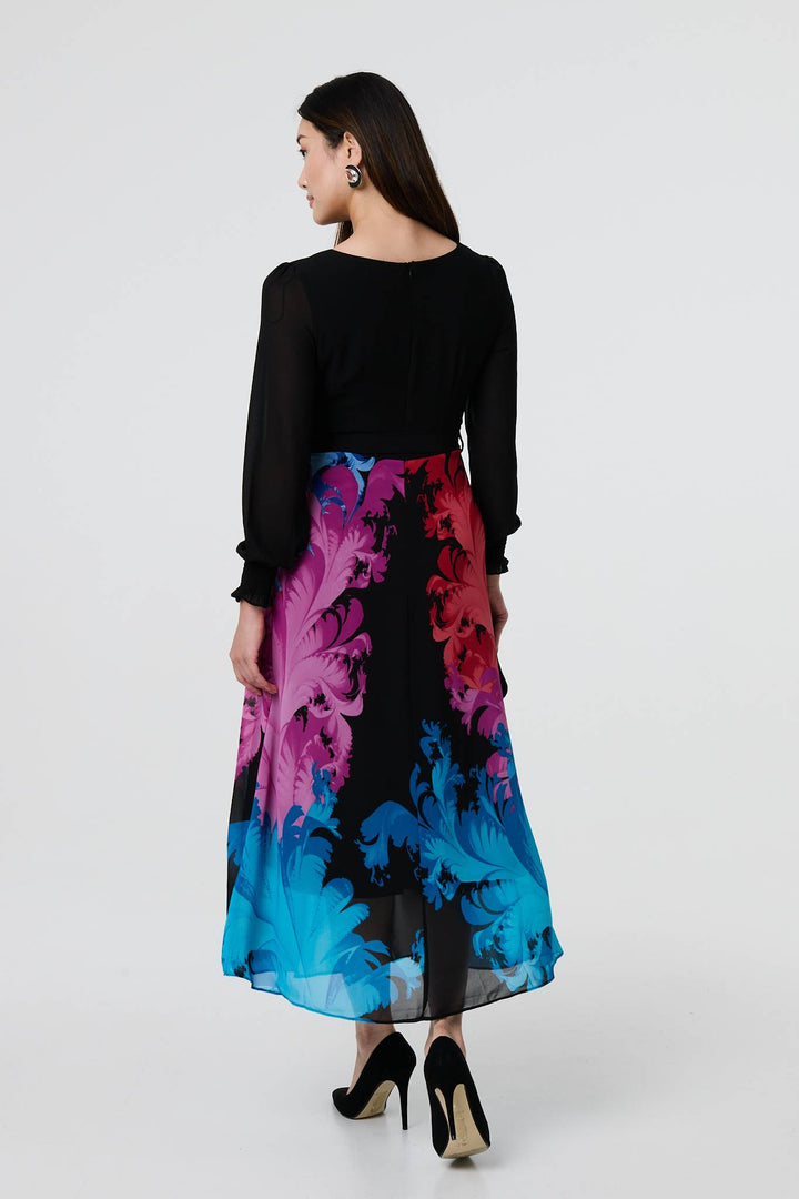 Floral - Contrast Print Tie Waist Midi Dress