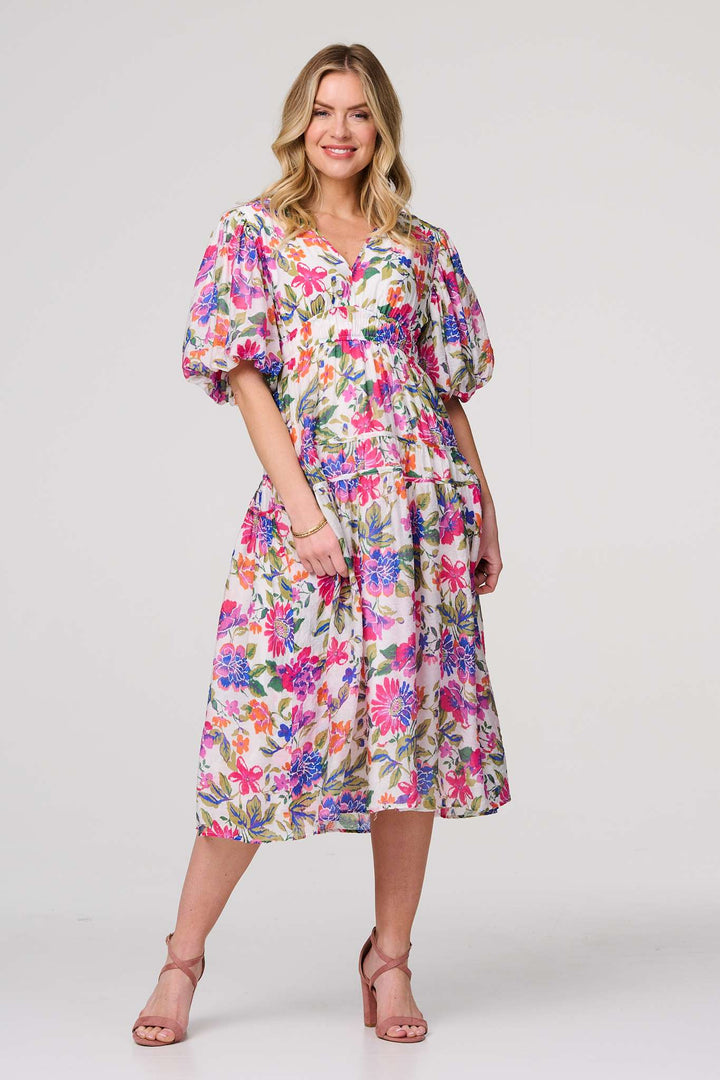 Willow - Floral 1/2 Puff Sleeve Midi Dress
