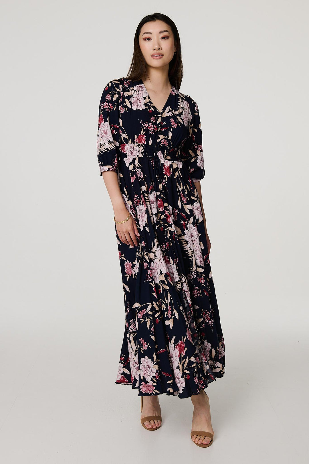 Mia - Floral 3/4 Sleeve A-Line Maxi Dress