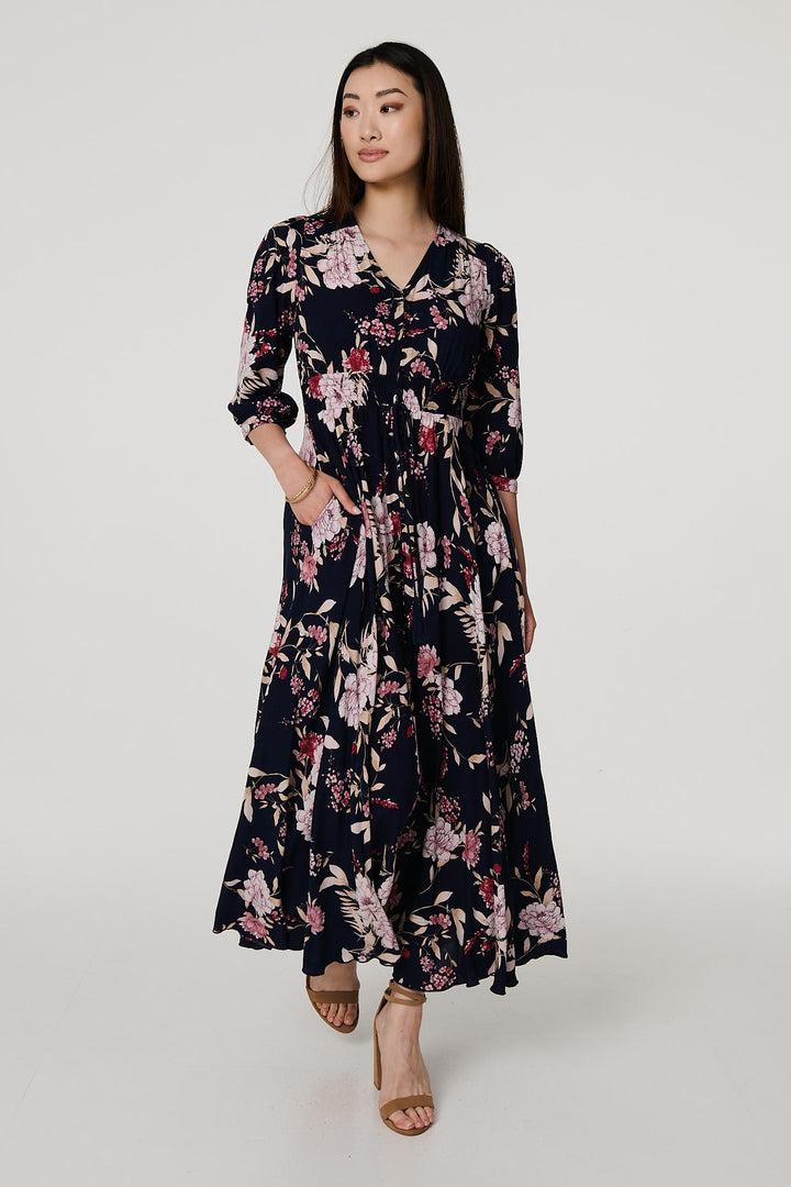 Mia - Floral 3/4 Sleeve A-Line Maxi Dress