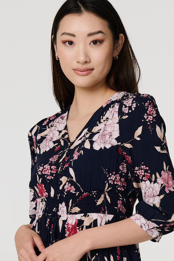 Mia - Floral 3/4 Sleeve A-Line Maxi Dress