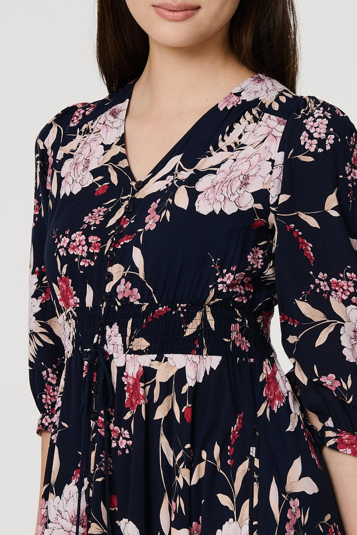 Mia - Floral 3/4 Sleeve A-Line Maxi Dress