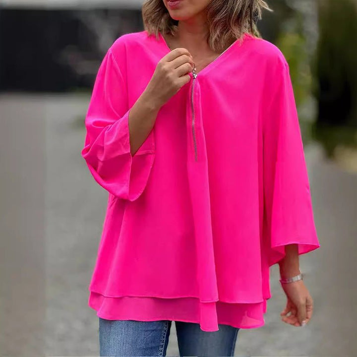Katie | Chiffon Zipper Top With V-Neck