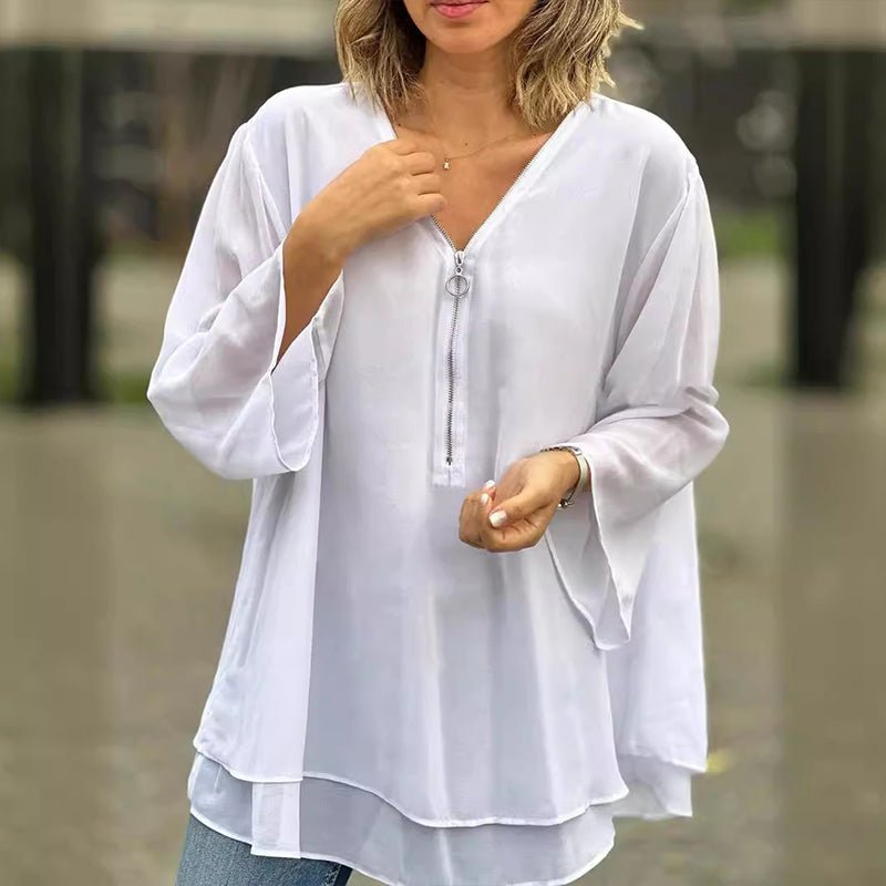 Katie | Chiffon Zipper Top With V-Neck