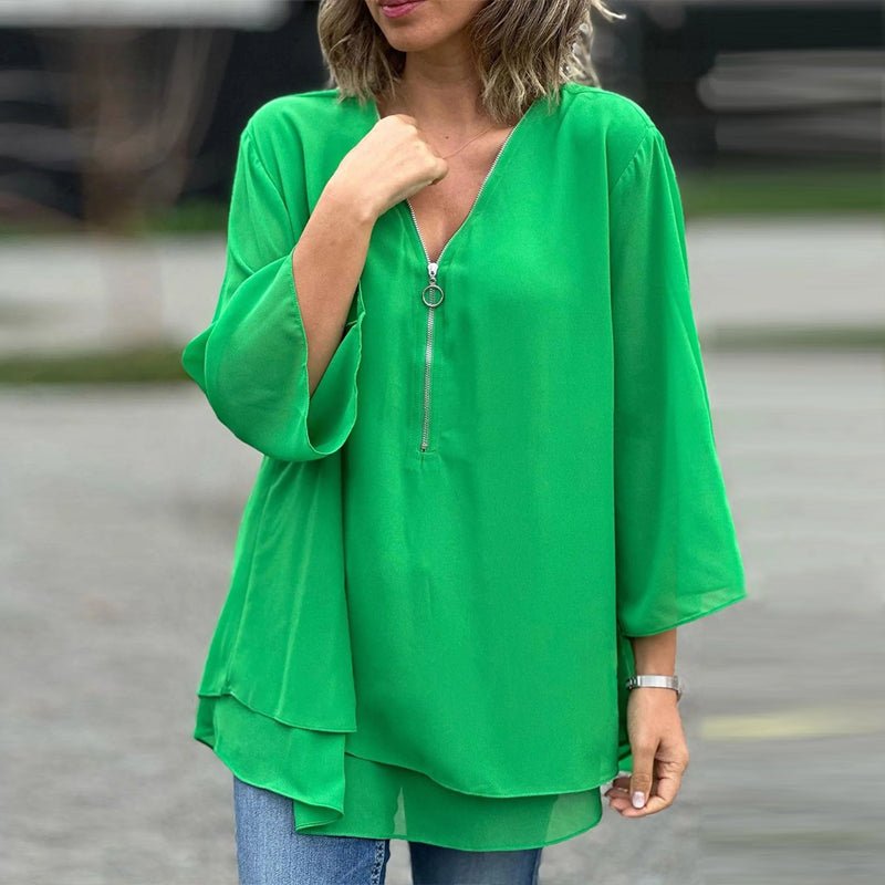 Katie | Chiffon Zipper Top With V-Neck