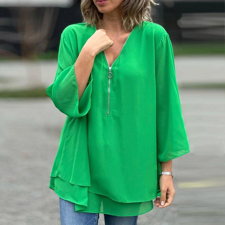 Katie | Chiffon Zipper Top With V-Neck