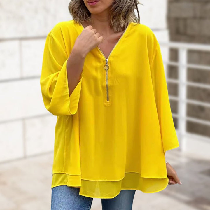 Katie | Chiffon Zipper Top With V-Neck