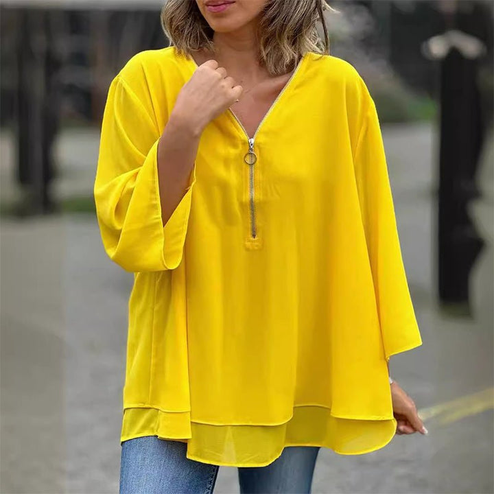 Katie | Chiffon Zipper Top With V-Neck