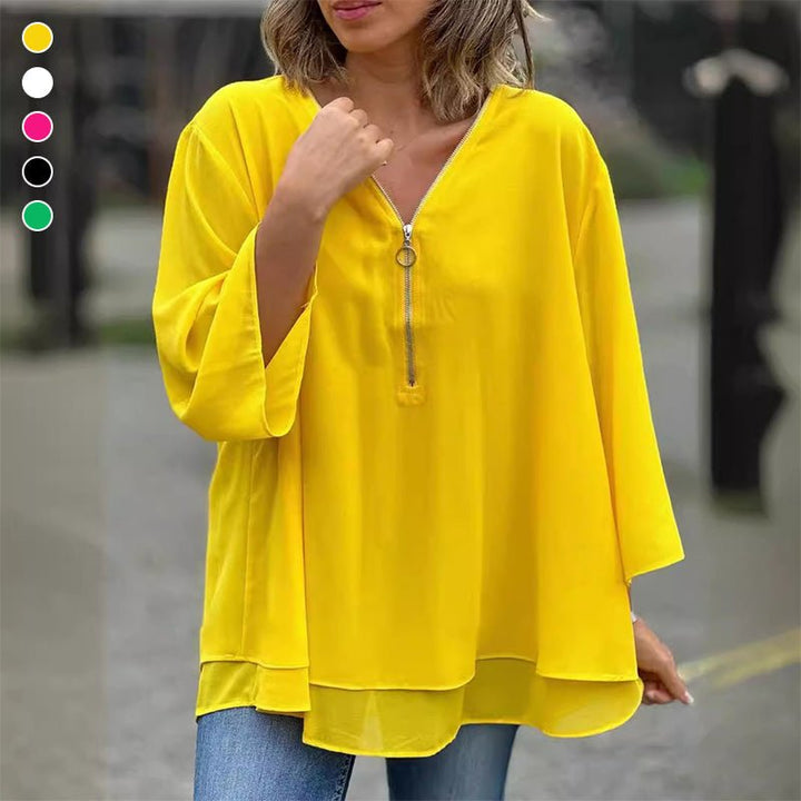 Katie | Chiffon Zipper Top With V-Neck