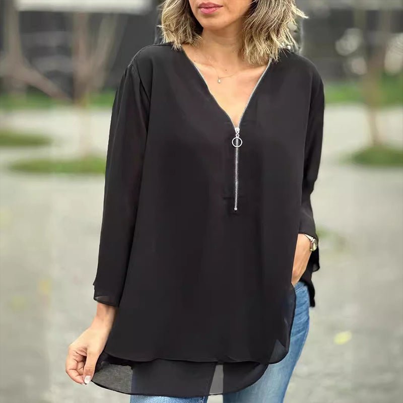 Katie | Chiffon Zipper Top With V-Neck