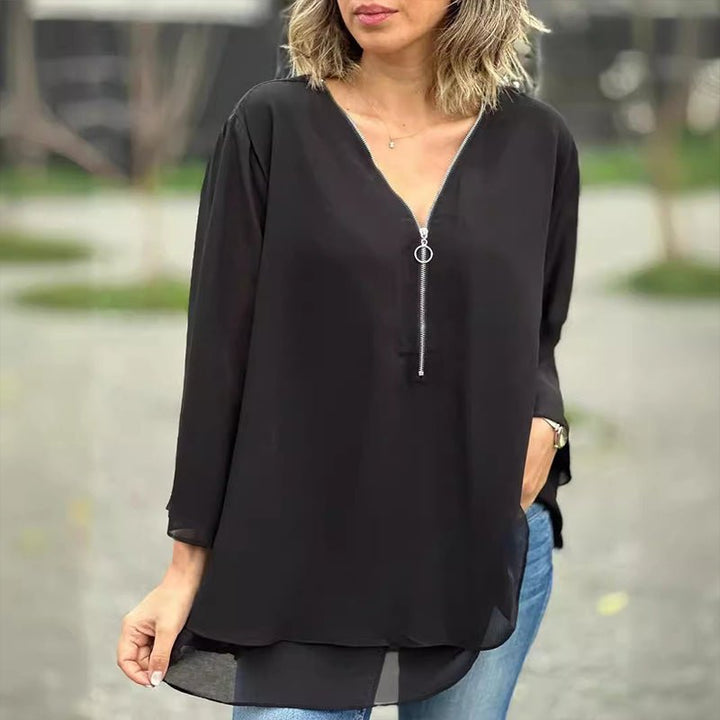 Katie | Chiffon Zipper Top With V-Neck
