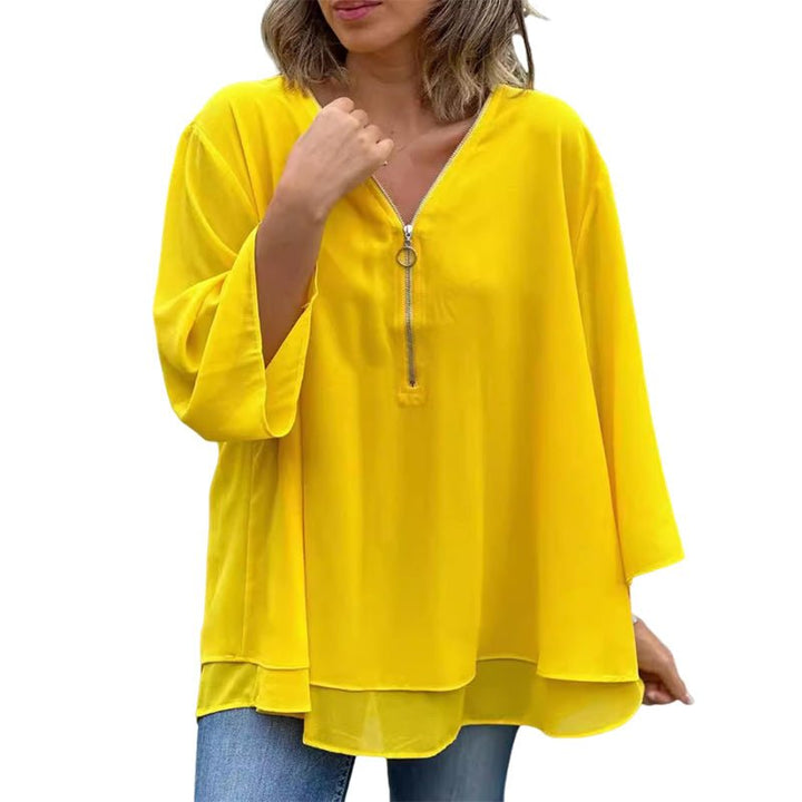 Katie | Chiffon Zipper Top With V-Neck