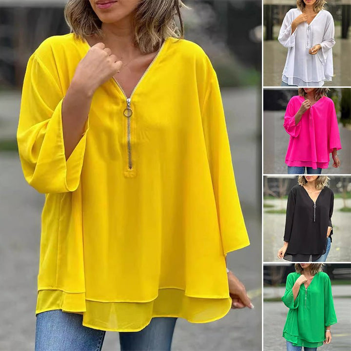 Katie | Chiffon Zipper Top With V-Neck
